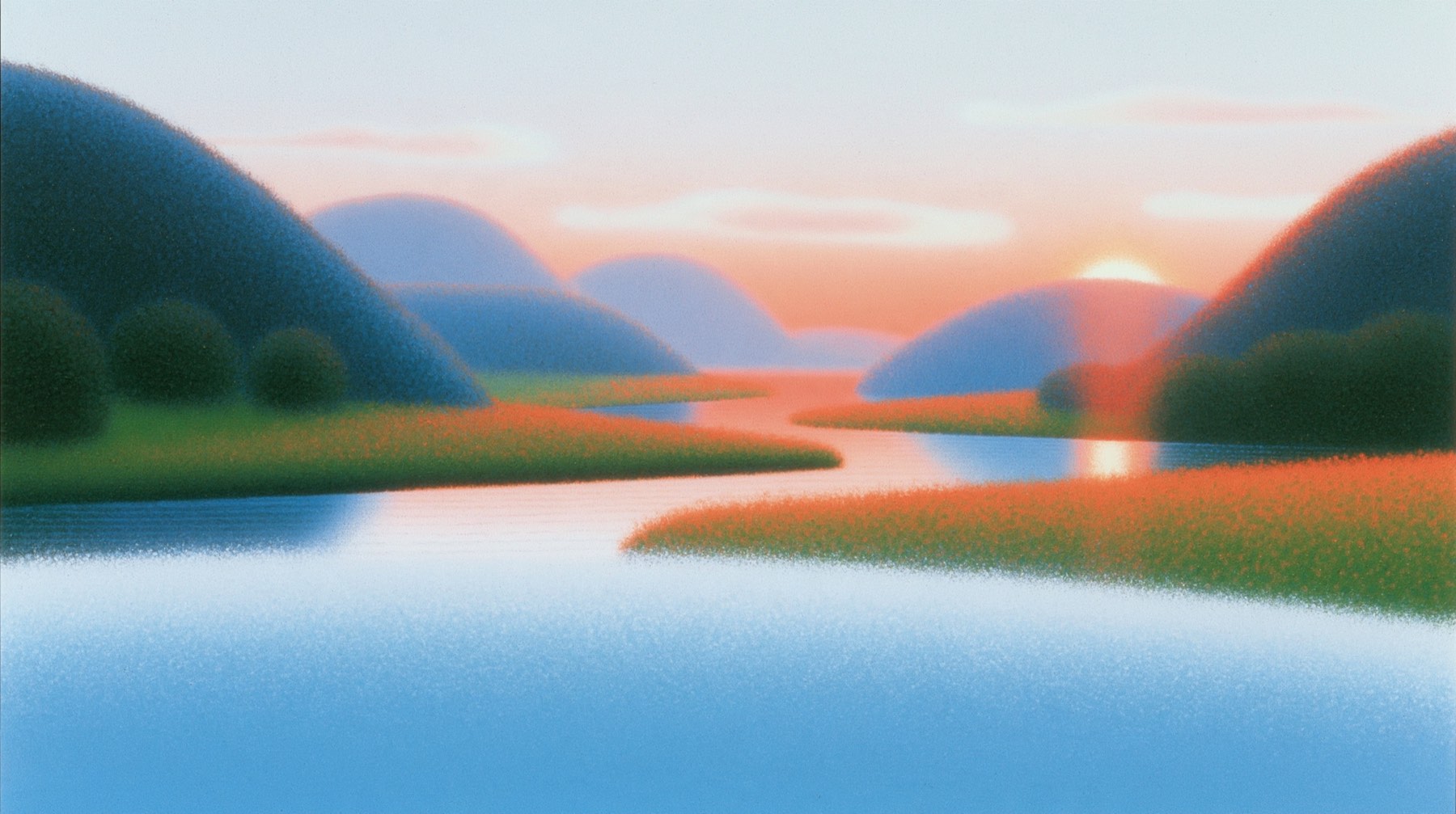 A soft painting of a wide valley at sunset, a river running through it